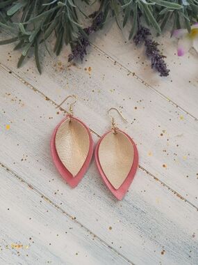 Gold and Pink Layered Leather Teardrop Earrings - Women Jewelry